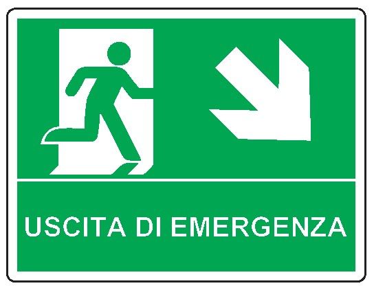 Cartello bifacciale in All. 210x160 mm USCITA DI EMERGENZA CON FRECCIA IN BASSO A DX