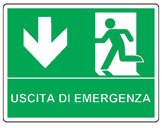 Cartello bifacciale in All. 210x160 mm USCITA DI EMERGENZA CON FRECCIA VERSO IL BASSO