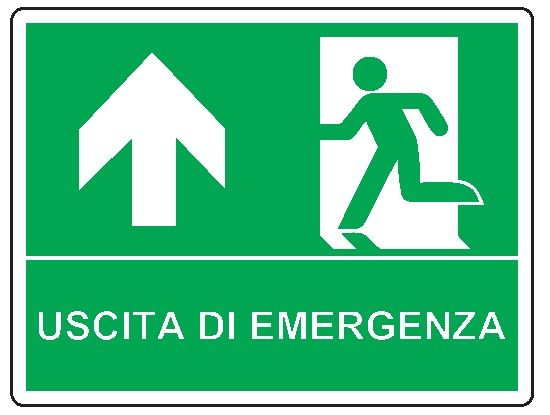 Cartello bifacciale in All. 210x160 mm USCITA DI EMERGENZA CON FRECCIA VERSO L'ALTO