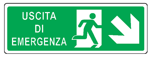 Cartello bifacciale sospeso in All. 350x125 mm USCITA DI EMERGENZA CON FRECCIA IN BASSO A DX