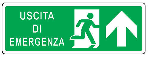 Cartello bifacciale sospeso in All. 350x125 mm USCITA DI EMERGENZA CON FRECCIA VERSO L'ALTO