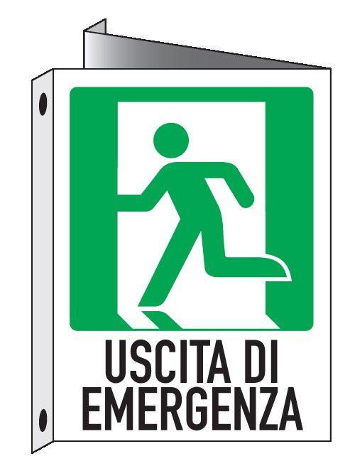 Cartello bifacciale Triangolato in All. 245x325 mm USCITA DI EMERGENZA A SX