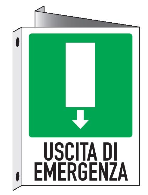 Cartello bifacciale Triangolato in All. 245x325 mm USCITA DI EMERGENZA VERSO IL BASSO
