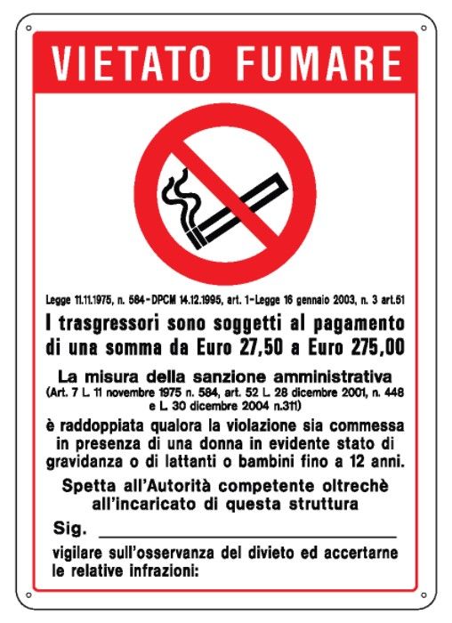 Cartello in All. 120x170 mm VIETATO FUMARE CON LEGGE
