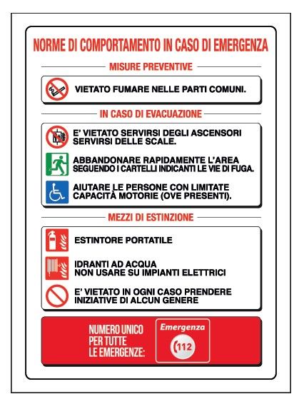 Cartello in All. 200x300 Norme Di Comportamento In Caso Di Emergenza