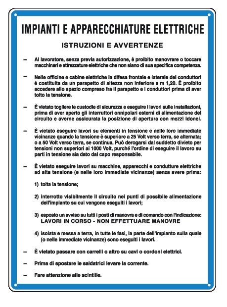 Cartello in All. 330x470 mm IMPIANTI E APPARECCHIATURE ELETTRICHE ISTRUZIONI E AVVERTENZE