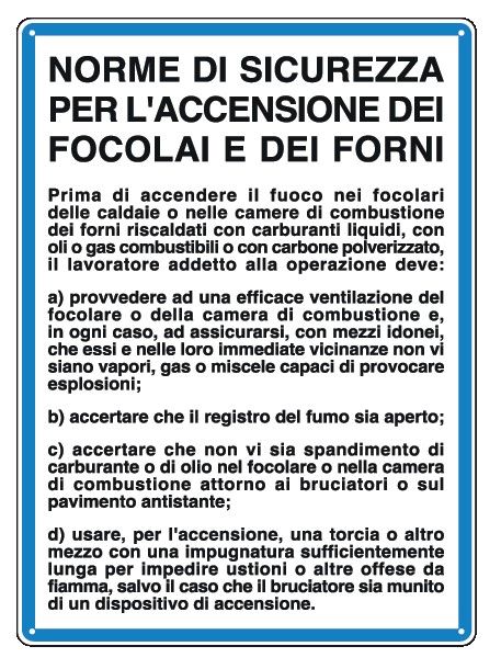 Cartello in All. 330x470 mm NORME DI SICUREZZA PER L'ACCENSIONE DEI FOCOLAI E DEI FORNI