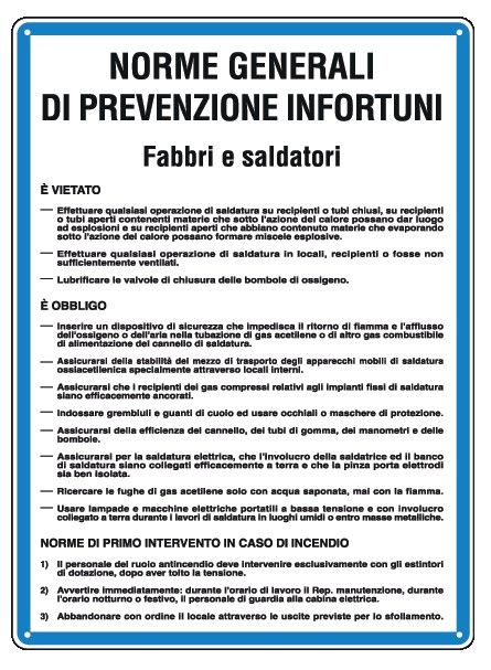 Cartello in All. 330x470 mm NORME GENERALI DI PREVENZIONE INFORTUNI FABBRI E SALDATORI