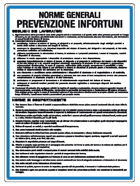 Cartello in All. 330x470 mm NORME GENERALI PREVENZIONE INFORTUNI