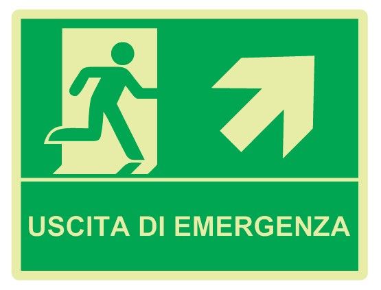 Cartello Luminescente bifacciale in All. 325x245 mm USCITA DI EMERGENZA CON FRECCIA IN ALTO A DX