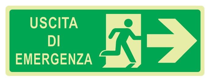 Cartello Luminescente bifacciale in All. 350x125 mm USCITA DI EMERGENZA A DX CON FRECCIA