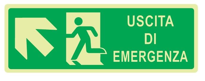 Cartello Luminescente bifacciale in All. 350x125 mm USCITA DI EMERGENZA CON FRECCIA IN ALTO A SX