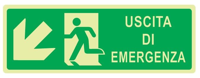 Cartello Luminescente bifacciale in All. 350x125 mm uscita Di Emergenza Con Freccia In Basso A Sx