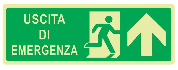 Cartello Luminescente bifacciale in All. 350x125 mm USCITA DI EMERGENZA CON FRECCIA VERSO L'ALTO