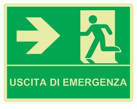 Cartello Luminescente bifacciale sospeso in All. 325x245 mm USCITA DI EMERGENZA A DX CON FRECCIA