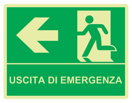 Cartello Luminescente bifacciale sospeso in All. 325x245 mm USCITA DI EMERGENZA A SX CON FRECCIA