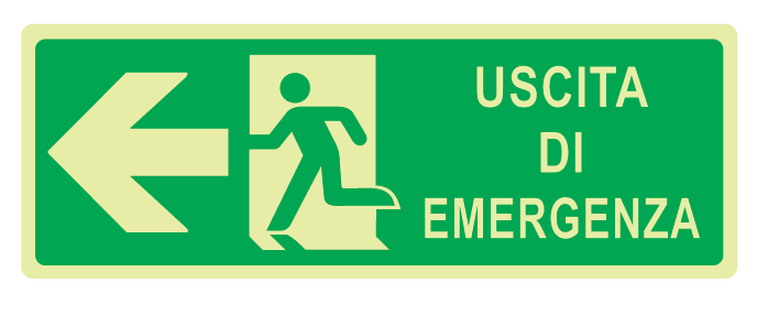 Cartello Luminescente bifacciale sospeso in All. 350x125 mm USCITA DI EMERGENZA A SX CON FRECCIA