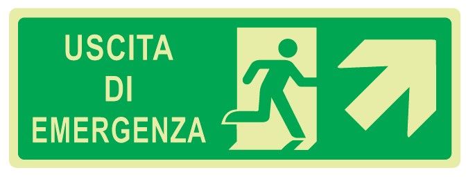 Cartello Luminescente bifacciale sospeso in All. 350x125 mm USCITA DI EMERGENZA CON FRECCIA IN ALTO A DX