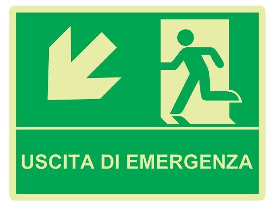 Cartello Luminescente bifacciale sospeso in All. 500x400 mm USCITA DI EMERGENZA CON FRECCIA IN BASSO A SX