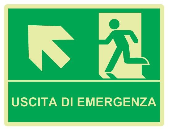 Cartello Luminescente in All. 210x160 mm USCITA DI EMERGENZA CON FRECCIA IN ALTO A SX