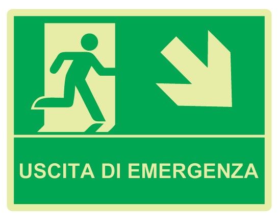 Cartello Luminescente in All. 500x400 mm USCITA DI EMERGENZA CON FRECCIA IN BASSO A DX