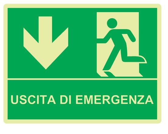 Cartello Luminescente in All. 500x400 mm USCITA DI EMERGENZA CON FRECCIA VERSO IL BASSO