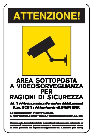 Etichetta in PVC adesivo 200x300 mm ATTENZIONE! AREA SOTTOPOSTA A VIDEOSORVEGLIANZA PER RAGIONI DI SICUREZZA CON ARTICOLO