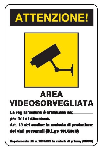 Etichetta in PVC adesivo 200x300 mm ATTENZIONE! AREA VIDEOSORVEGLIATA